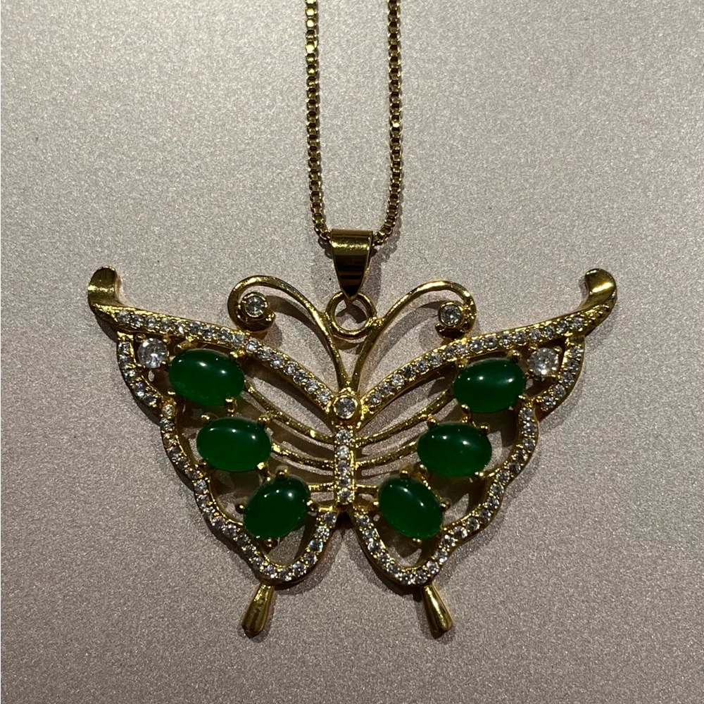 Gold Butterfly Necklace with Green Gemstones